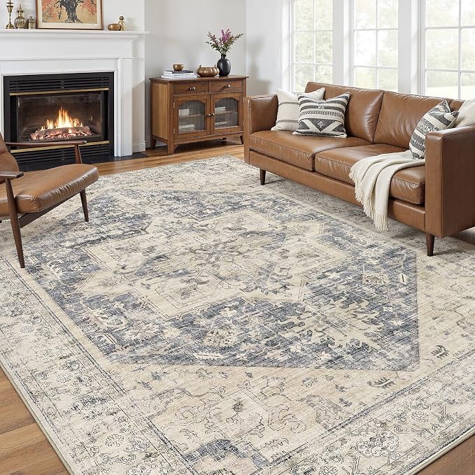 10x14 Area Rugs for Living Room - Large Carpet Ultra Thin Soft Washable Oriental Vintage Floral Distressed Big Indoor Carpets for Bedroom Nursery Dorm Home Decor Aesthetic - Blue Beige