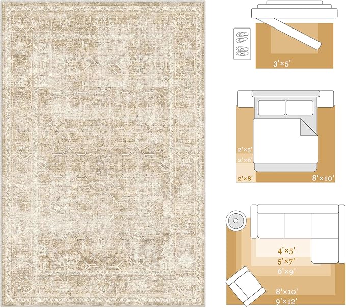 Beauoop 2x3 Washable Beige Neutral Vintage Distressed Retro EntryWay Rug | Cream Non Slip Low Pile Oriental Soft Small Carpet Throw Rugs Door Mat Retro Entry Entrance Kitchen Bedroom Bathroom Laundry