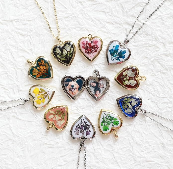 Handmade Dried Pressed Flower Heart Shaped Photo Locket Pendant Necklace