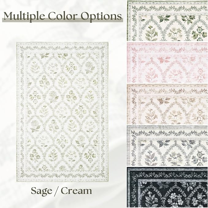 Sage Green Rugs for Bedroom 6x9 Area Rug for Living Room Machine Washable Light Green Cream Beige Printed Non-Slip Vintage Floral Distressed Indoor Boho Farmhouse Carpet for Dining Room Home