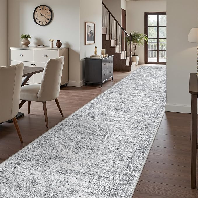 3x14 Runner Rug Non Slip,Washable Hallway Runner Rug,Grey | 14 ft Runner Rug for Hallway,Entryway,Bedroom,Living Room,Thin,Soft, Extra Long Rug,Stain Resistant Indoor Carpet