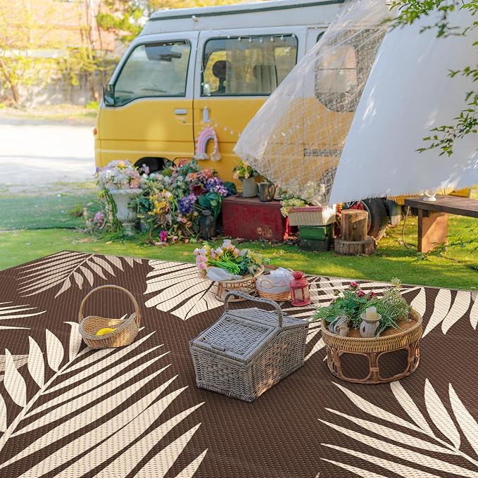 GENIMO Outdoor Rug, Waterproof Plastic Rugs 9'x18' for Camping Coffee Beige | Outside Larger Leaf Carpet Mat for Patio Decor, RV, Porch, Camper, Deck, Picnic, Beach, Backyard, Reversible, Foldable