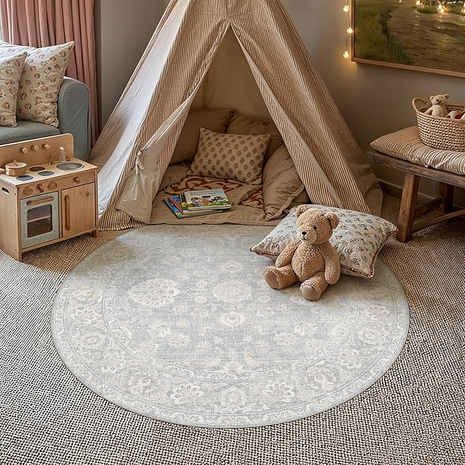 3x3 Blue Cream Washable Round Rug for Dining Room Neutral Floral Soft Non Slip Circle Rug Low Pile Distressed Carpet for Living Room Bedroom Nursery Office Indoor