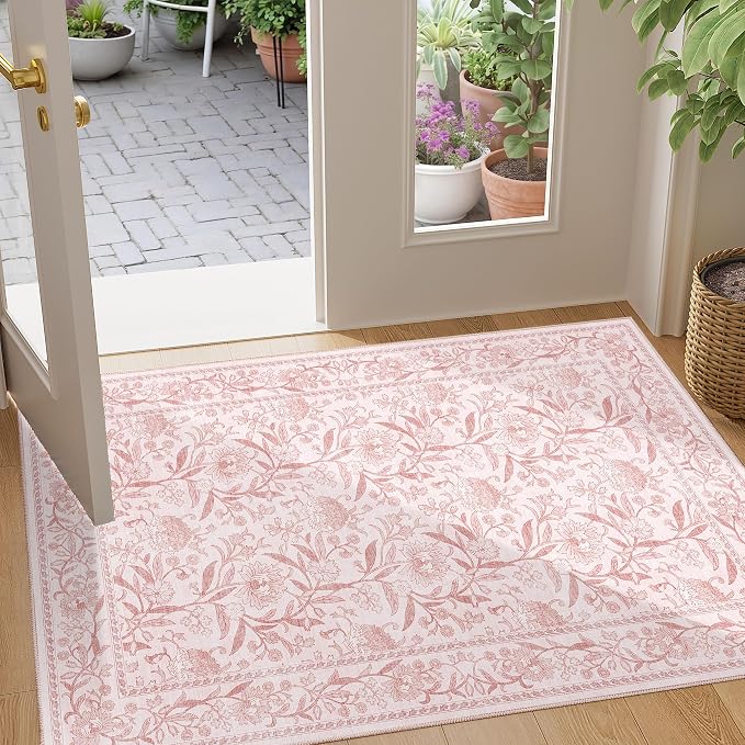 DUKINO 2x3 Rug, Washable Vintage Floral Bathroom Rugs Non Slip, Light Pink | Low Pile, Stain Resistant Boho Soft Indoor Door Mat, Small Front Door Carpet for Entryway Kitchen Laundry Bedroom Farmhouse