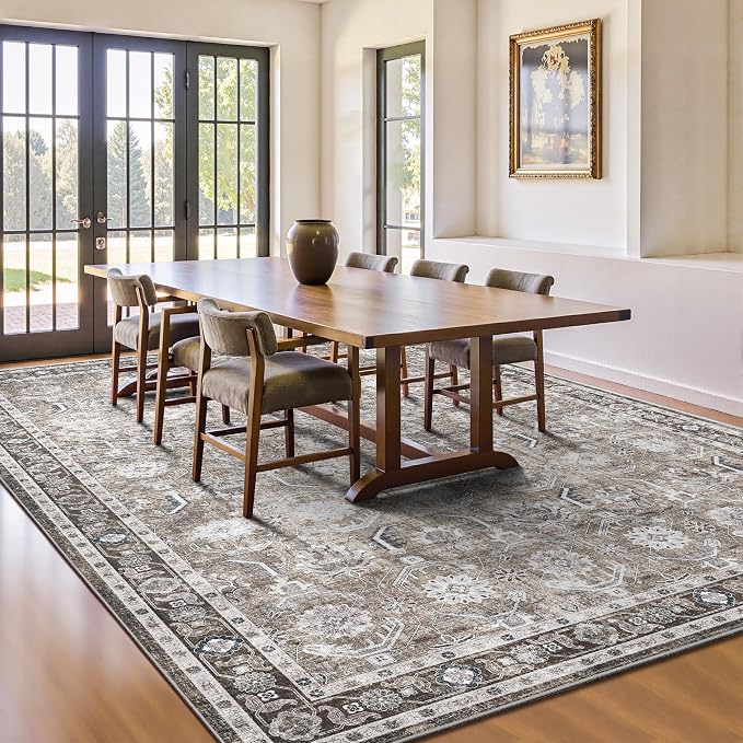 8x10 Area Rugs, Soft Non Slip Low Pile Washable Rug, Boho Modern Rug for Living Room, Bedroom, Dining Room, Brown
