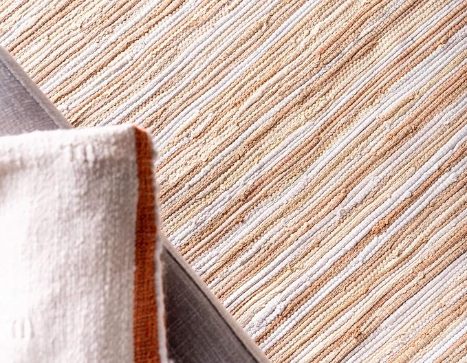 Unique Loom Chindi Cotton Collection Soft Hand Woven Natural Fiber Striped Area Rug, 2 ft x 6 ft, Beige/Ivory