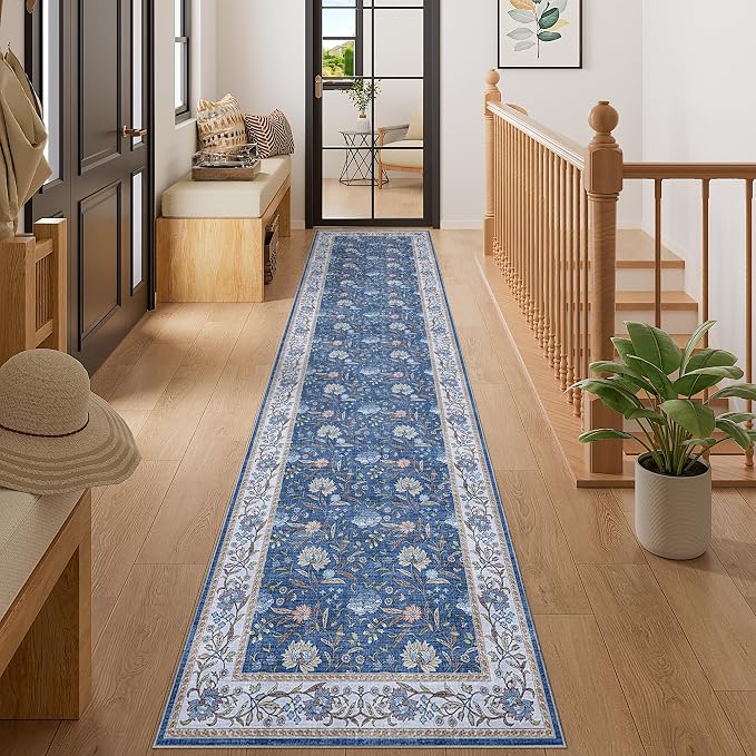 DUKINO 2x10 Runner Rug for Hallway, Washable Vintage Floral Rug, Sky Blue | Non Slip, Low Pile, Non-Shedding, Stain Resistant Soft Long Runner Carpet for Kitchen Bathroom Entryway Bedroom Farmhouse