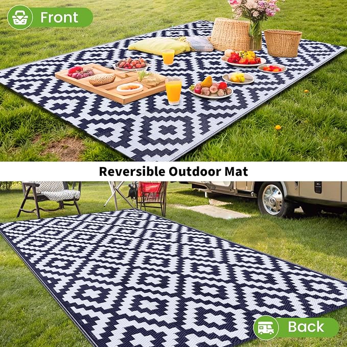 Smiry Waterproof Outdoor Rug 9X18 ft, Reversible Plastic Straw Patio Camping Rugs, Outdoor Indoor RV Mat Carpet for Patio, Outside Entry, Backyard, Deck, Bench, Picnic, Camper, White & Navy