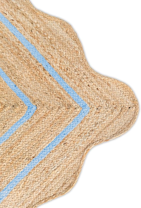 Wave Scalloped Natural Jute Boho Entryway Runner Farmhouse Scallop, Sky Blue (2'6"x14')