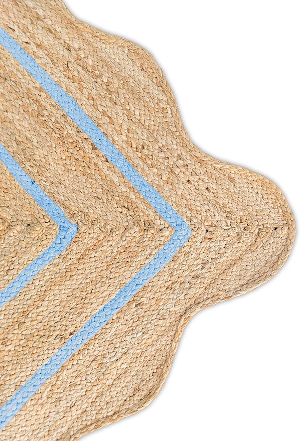 Wave Scalloped Natural Jute Rug Boho Jute Rug Entryway Runner Rug Farmhouse Scallop Rug, Sky Blue (10'x14')