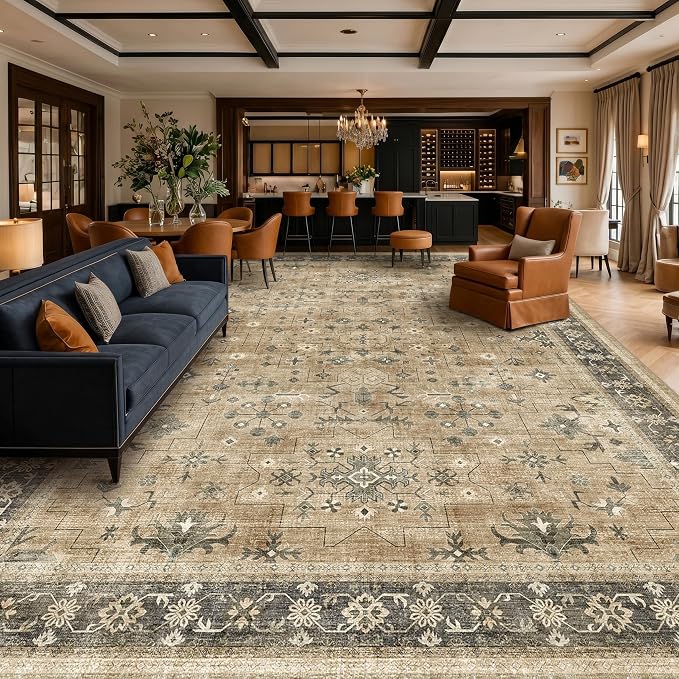 Vintage Taupe and Sage 10x14 Living Room Rug, Oriental Large Area Rug for Dining Room Under Table, Natural Washable Low Pile Bedroom Carpet, Non-Slip Stain Resistant Indoor Door Mat