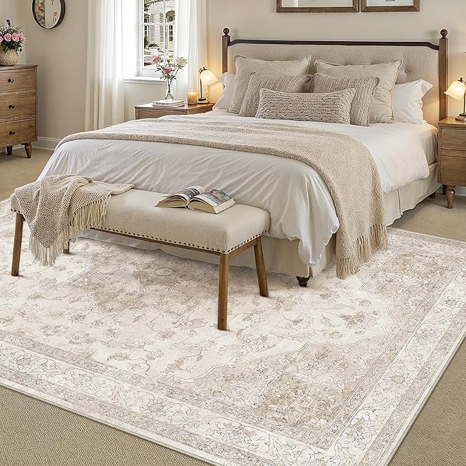 PureCozy Beige Area Rug 5x7 Washable Vintage Carpet for Living Room Office Soft Retro Low Pile Thin Indoor Rug Non Slip Oriental Medallion Floor Cover for Bedroom Dining Room