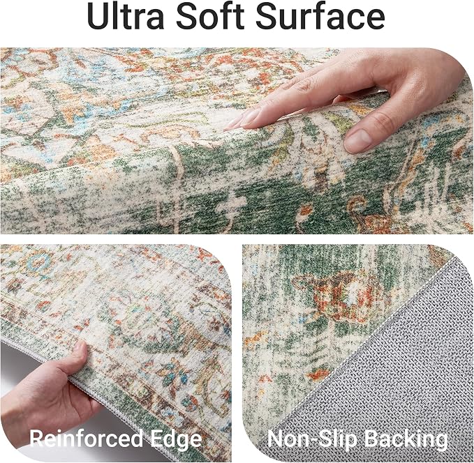 befbee 9x12 Area Rug,Ultra-Thin Washable Rugs for Living Room,Non-Slip Lightweight Foldable Area Rug,Stain Resistant Vintage Large Rugs (Green,9'x12')