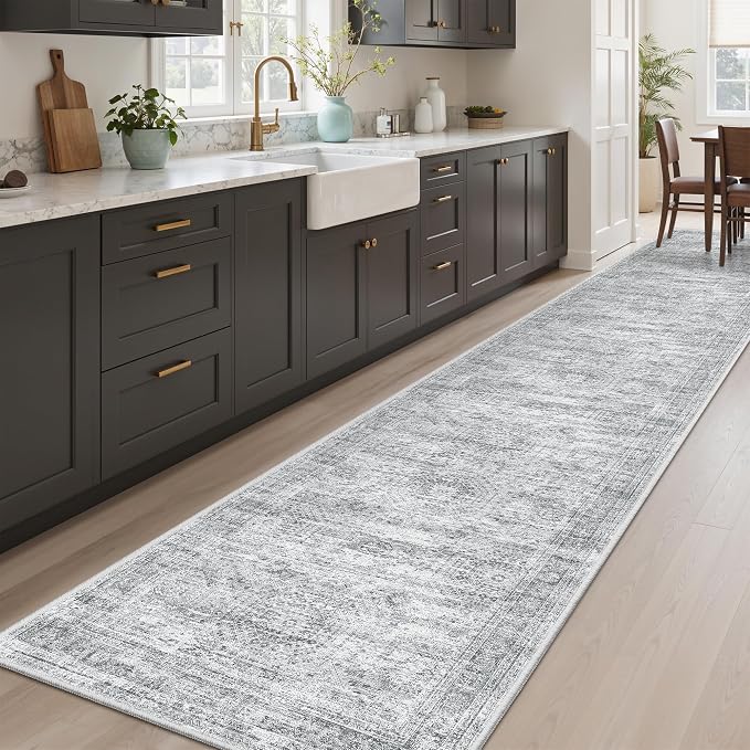 Runner Rug 2'6" x 12' Washable Non-Slip Runner Rugs for Kitchen Bathroom Laundry Room Vintage Ultra Thin Runners for Hallway Entryway Grey
