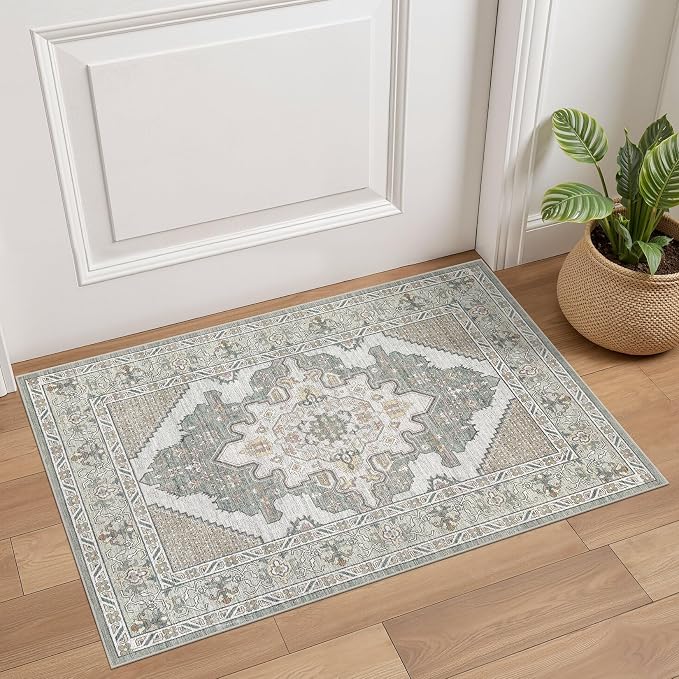 Tortania Area Rug 2x3 Doormat - Washable Vintage Oriental Farmhouse Soft Thin Indoor Carpet for Living Room Bedroom Hallway Entryway Kitchen - Sage Green