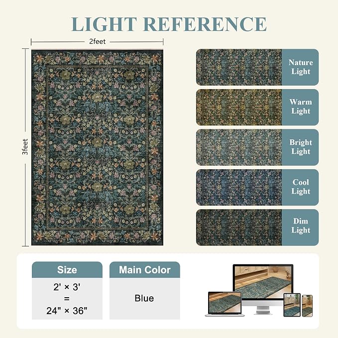 DUKINO 2x3 Entryway Rug, Washable Vintage Floral Area Rug, Blue | Non Slip, Low Pile, Non-Shedding, Soft Indoor Door Mat, Small Front Door Throw Carpet for Bathroom Kitchen Entrance Bedroom