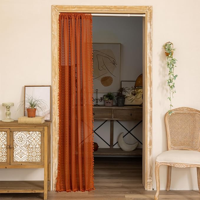 Sutuo Home Terracotta Boho Doorway Curtains for Front Door Closet,Lace Sheer Door Curtains for Doorway Crochet Vintage Chic Tassels Orange Bohemian Privacy Temporary Room Divider Rod Pocket,37" x 80"