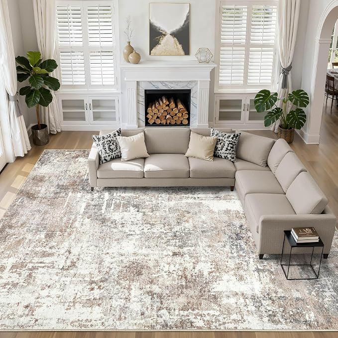 LOONGRUG 10x14Ft Area Rugs Living Room: Washable Large Abstract Modern Soft Rug Stain Resistant Indoor Floor Non Slip Accent Carpet for Bedroom Nursery Playroom Office Dining Room Dorm Home- Brown