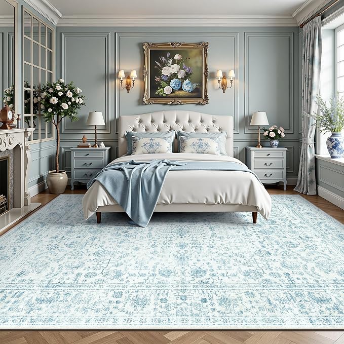 8x10 Area Rugs for Living Room, Washable Vintage Retro Floral Rug, Low Pile Non Slip Distressed Large Carpet for Bedroom, Dining Room, Office, Home (Blue)