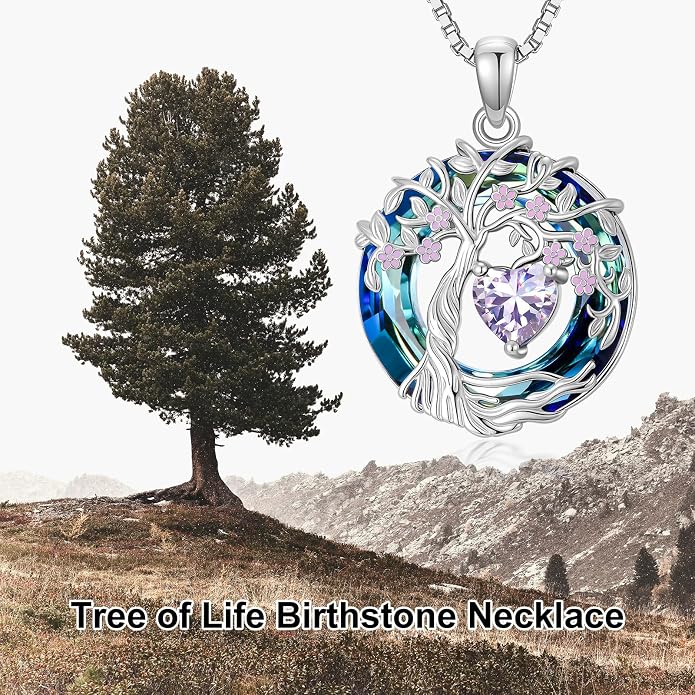 Tree of Life Birthstone Necklace 925 Sterling Silver Crystal Tree of Life Pendant Birthstone Jewelry Birthday Christmas Gifts for Women Mom Her Wife