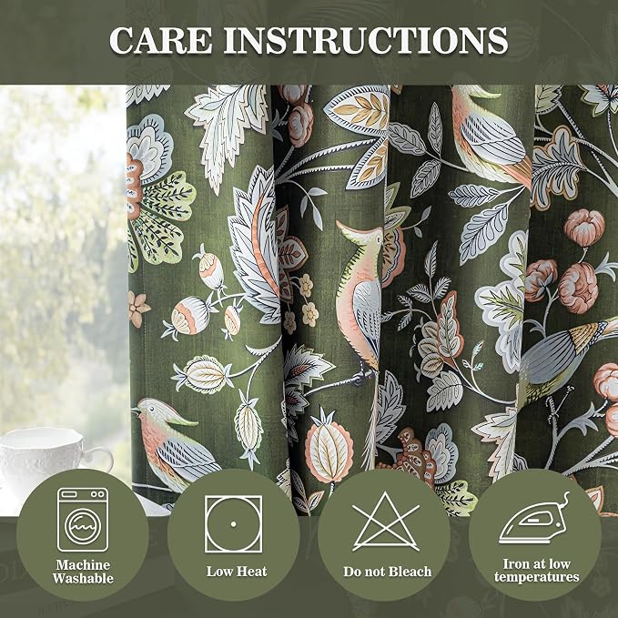 MYSKY HOME Floral Blackout Curtains & Drapes 95 inch Curtains 2 Panel Set for Living Room Bedroom Vintage Farmhouse Thermal Insulated Privacy Protect Curtain with Pattern Bird Printed, 52", Green