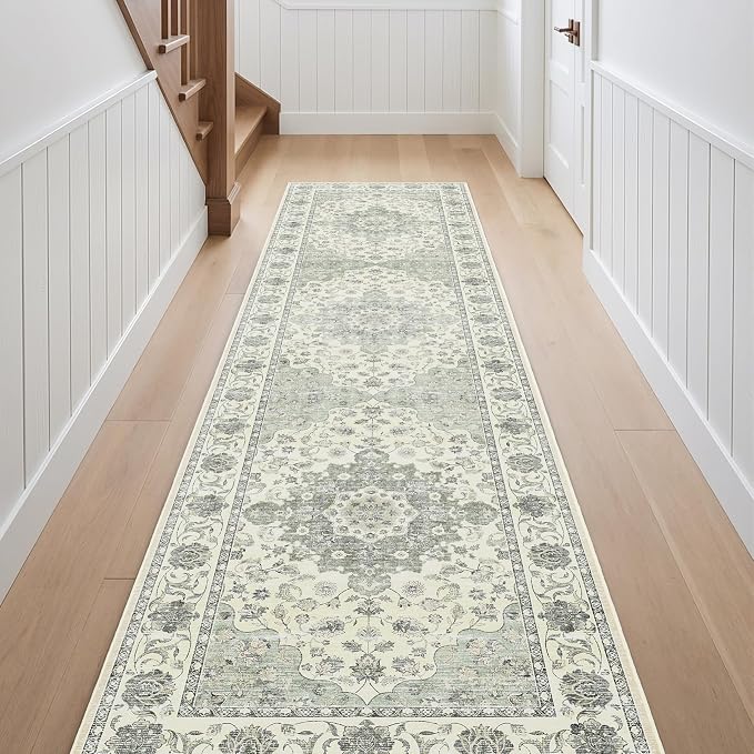 3x10 Non Slip Hallway Runner Rug - Washable Vintage Distressed Kitchen Carpet, Ultra-Thin Soft Low Pile Entryway Mat with Rubber Backing for Bedroom Living Room (Green)