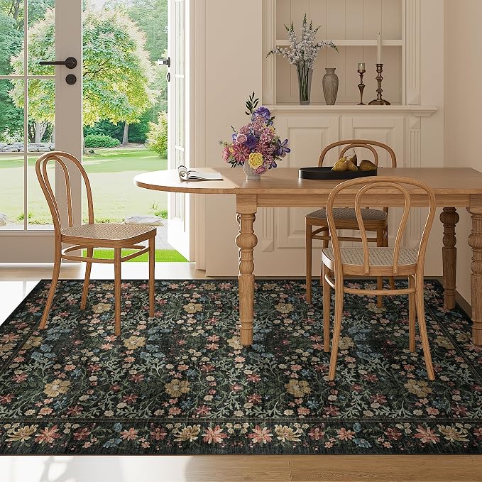 DUKINO 5x8 Area Rug, Vintage Floral Washable Rugs for Living Room, Black | Non Slip, Low Pile, Stain Resistant, Non-Shedding Soft Boho Floor Carpet for Bedroom, Dining Room, Home Office, Farmhouse