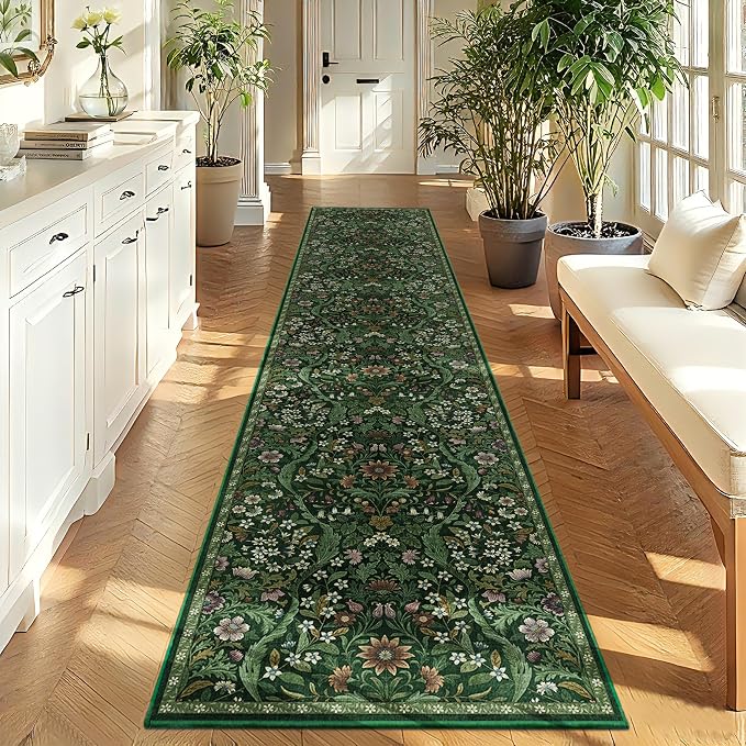 2x10 Washable Runner Rug,Dark Green Floral Kitchen Rugs for Hallway,Low-Pile Non-Slip Stain Resistant Carpet for Kitchen, Bedside,Laundry Room,Entryway