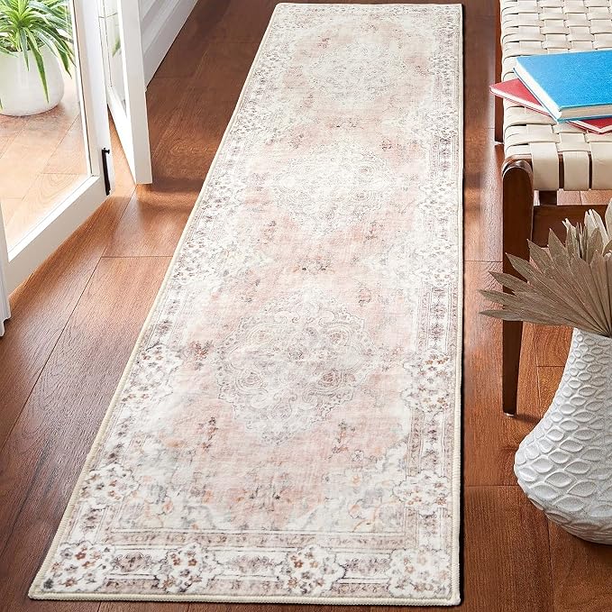 MUJOO Pink Runner Rug Washable 2x8 Area Rugs Non Slip Low-Pile Flowers | Long Throw Carpet for Hallways Entryway Kitchen Bathroom Bedside Bedroom Laundry Boho Soft Indoor Retro Floral Light Blush