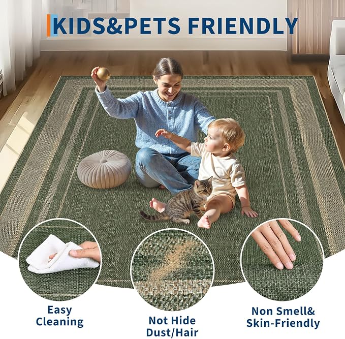 GarveeHome 4ft Easy Jute Round Rug for Living Room Solid Bedroom Circle Rug | Non Slip Stain Resistant Dining Room Throw Carpet Low Pile Indoor Round Area Rugs for Kitchen Nursery Entryway Dorm, Green
