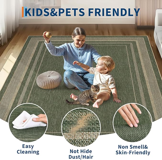 GarveeHome Easy Jute Rug 8x10 Washable Non Slip Solid Green Living Room Rugs