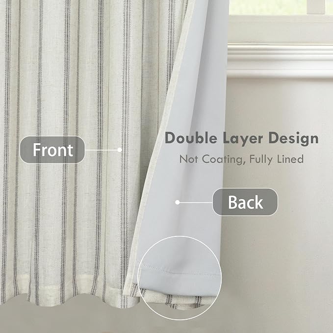 DriftAway Farmhouse Stripe Blackout Curtains, W52xL63, Gray | Blackout, Linen Texture, Stripe Pattern, Rod Pocket & Back Tab, Two Layers, Bedroom Living Room Use, Sound Reducing Design