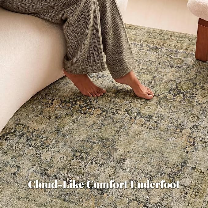 Boho Washable 6x9 Area Rugs for Living Room, Cushioned, Dark Green | Vintage Non-slip Neutral Oriental Rugs for Bedroom Dining Room Nursery Office High Traffic Area