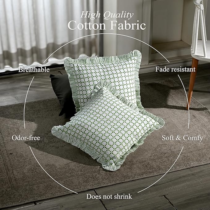 CPC Kelly Green Hand Block Print 100% Cotton Ruffle Throw Pillow Cover 18x18 inch with Hidden Zipper Decorative for Couch, Bed, Sofa, Farmhouse, Cottagecore Decor Gift Christmas Fall Thanksgiving
