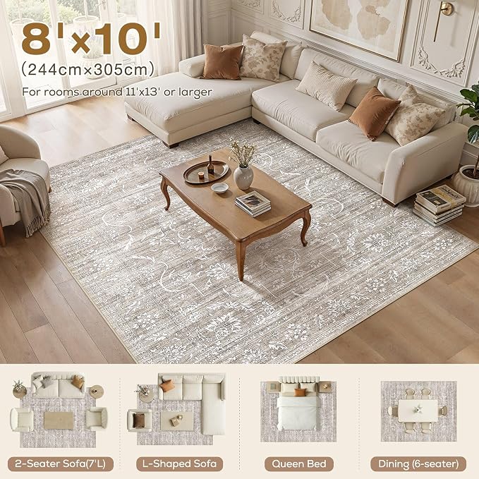Nakagishi 8x10 Area Rugs Living Room: Washable Large Vintage Rug Neutral Non-Slip Soft Stain Resistant Indoor Carpet for Bedroom Nursery Dining Room Office Playroom - Light Brown