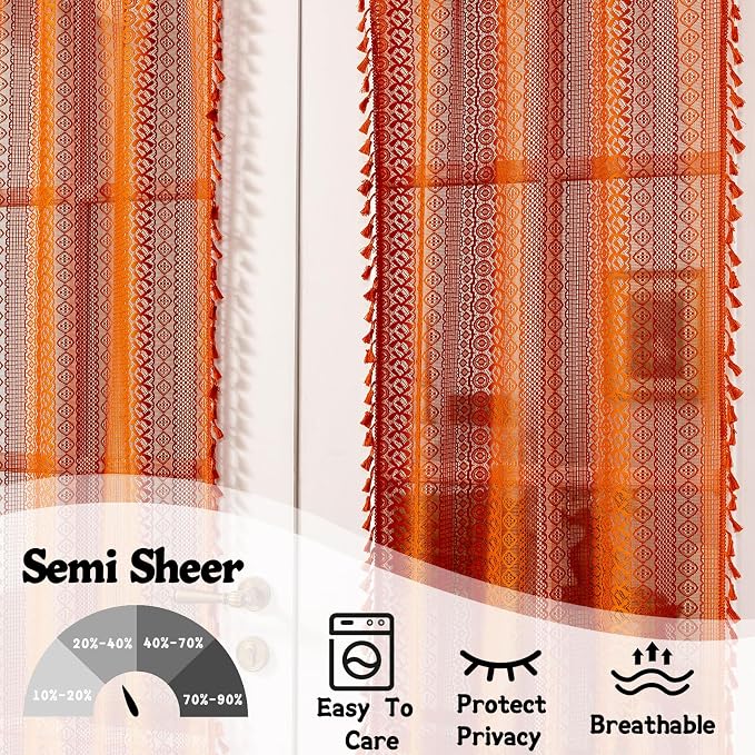 Sutuo Home Terracotta French Door Curtains 72 Inches Long for Front Door Glass & Sidelights, Burnt Orange Bohemian Tassels Vintage Chic Privacy Drapes Window Halloween Decor, Rod Pocket 2 Panels 25" W