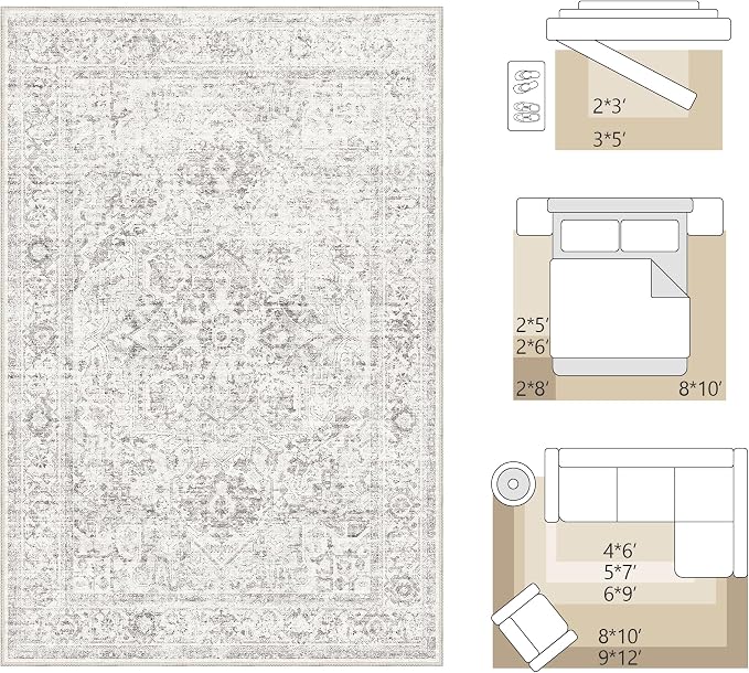 FMFUNCTEX 2x6 Runner Rug Grey Vintage Neutral Washable Distressed Oriental Non Slip Low Pile Indoor Carpet Hallway Entryway Gray Rug for Kitchen Living Room Bedroom Bathroom Laundry Entry Bedside