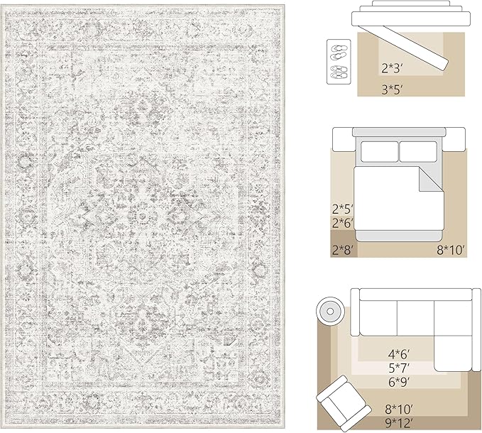 FMFUNCTEX 5x7 Washable Area Rug Neutral Vintage Grey Distressed Non Slip Low Pile Traditional Indoor Carpet for Living Room Bedroom Soft Gray Throw Rug for Dining Office Kitchen Dorm Entryway