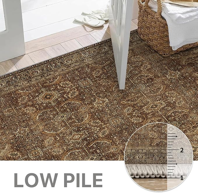 BESBLEE 3X5 Area Rugs Machine Washable Rugs for Living Room, Vintage Boho Large Rugs for Bedroom Dining Room, Non Slip Indoor Soft Distressed Lightweight Thin Low Pile Carpet, Rustic Brown