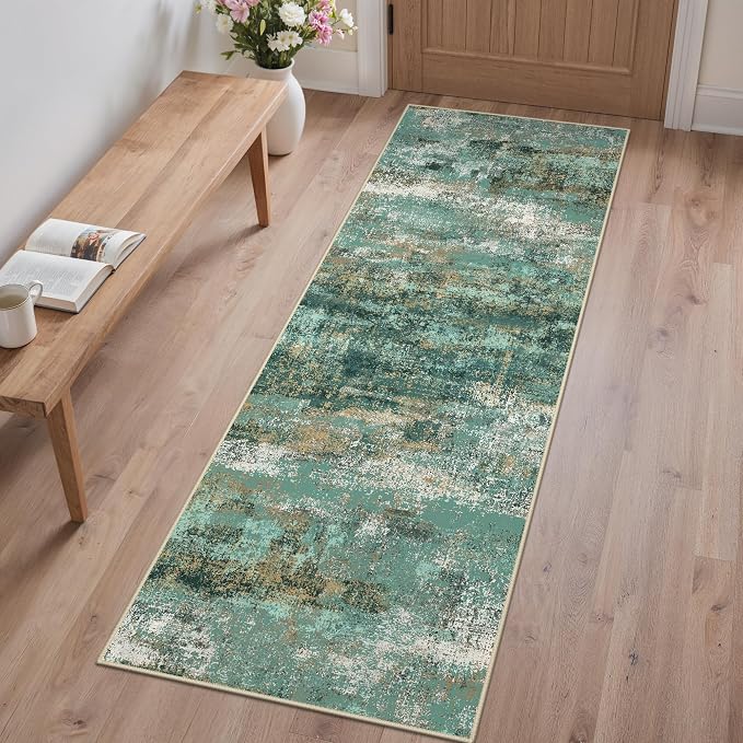 GENIMO Runner Rug Non Slip 2x6, Washable Rug Runner for Hallways Kitchen, Abstract Modern Kitchen Rugs, Low Pile Lightweight Carpet Runners for Entryway, Bedroom, Laundry, Turquoise