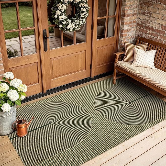 Non-Slip Jute Rug for Entryway: 3x5 Outdoor Mat - Green Curve Pattern | Safe Walking for Family All Day and Help with Cutting Slip Falls by 70%