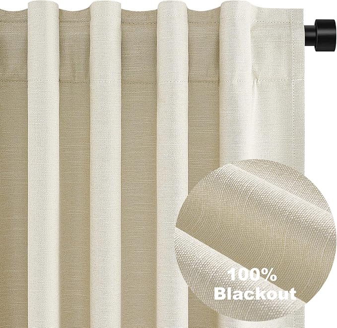 95 Inches Length Cream Colored Custom Blackout Linen Curtains Ivory Cream Pinch Pleated Noise Cancelling Curtains with Pin Hooks for Traverse Burlap Viral Drapes 2 Panels for Living Room Bedroom
