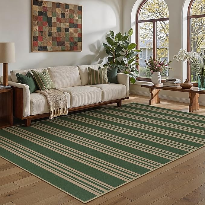 PureCozy Outdoor Rug 8x10 Washable Striped Jute Look Non Slip Carpet | Green and Tan Stripe Farmhouse Style, Indoor Outdoor Area Rugs for Patio, Living Room, Dining Room, Non Shedding, Neutral Rug