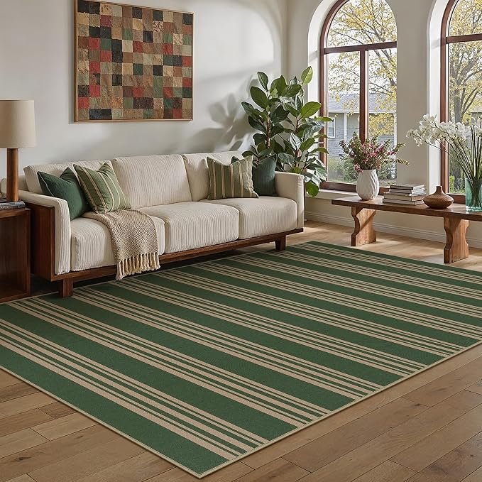 PureCozy Outdoor Rug 5x7 Washable Striped Jute Look Non Slip Carpet | Green and Tan Stripe Farmhouse Style, Indoor Outdoor Area Rugs for Patio, Living Room, Dining Room, Non Shedding, Neutral Rug