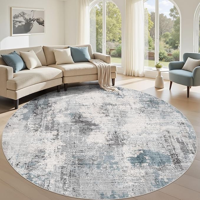 Abstract 8FT Round Rug: Machine Washable Non Slip Ultra Thin Low-Pile Carpet, Soft Stain Resistant for Living Dining Room Bedroom, Kid Pet Friendly, Robot Vacuum Compatible - Grey Blue