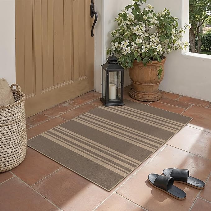 PureCozy Outdoor Rug 2x3 Washable Striped Jute Look Non Slip Mat | Nature Stripe Farmhouse Design, Indoor Outdoor Entryway Door Mat for Kitchen, Mudroom and Bathroom, Non Shedding, Easy Care