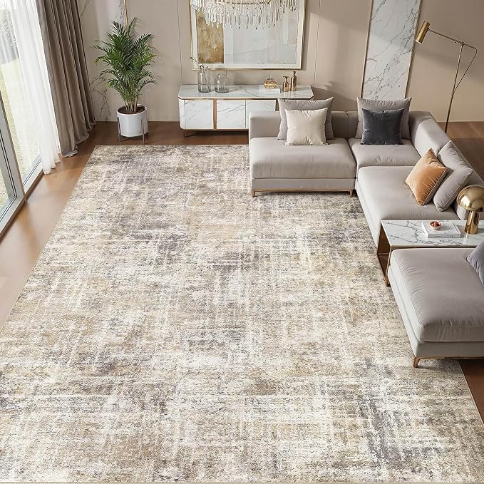 cotiled Washable 9x12 Area Rug for Living Room - Modern Abstract Carpet with Non-Slip Backing, Low Pile & Soft, Stain Resistant, Kid & Pet Friendly Decor for Bedroom & Dining Room - Gold Brown
