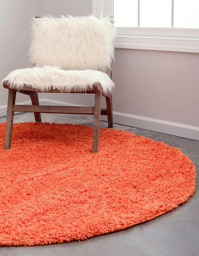 Unique Loom Solid Shag Collection Area Rug (6' 1" Round, Tiger Orange)