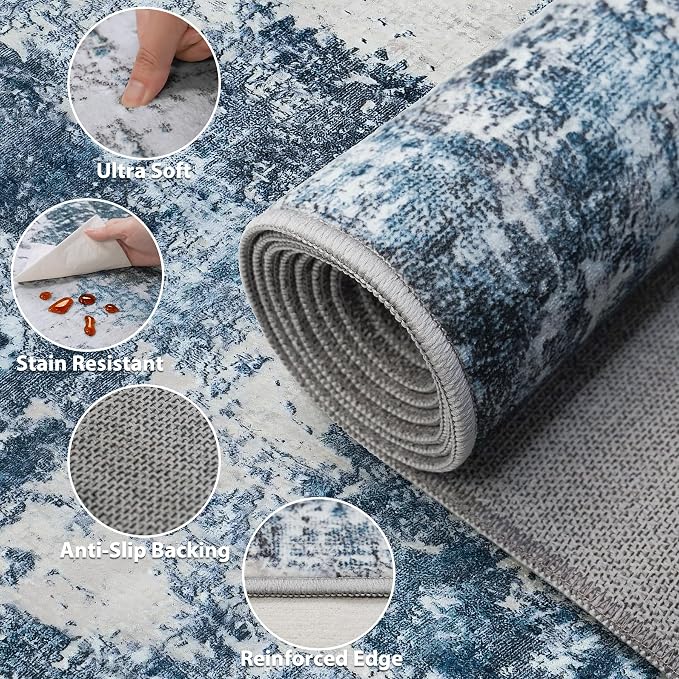 8x10 Area Rug for Living Room Bedroom: Large Washable Rug with Anti-Slip Backing Non-Shedding Stain-Resistant Soft Abstract Carpet for Dining Room Nursery Home Office (Blue)