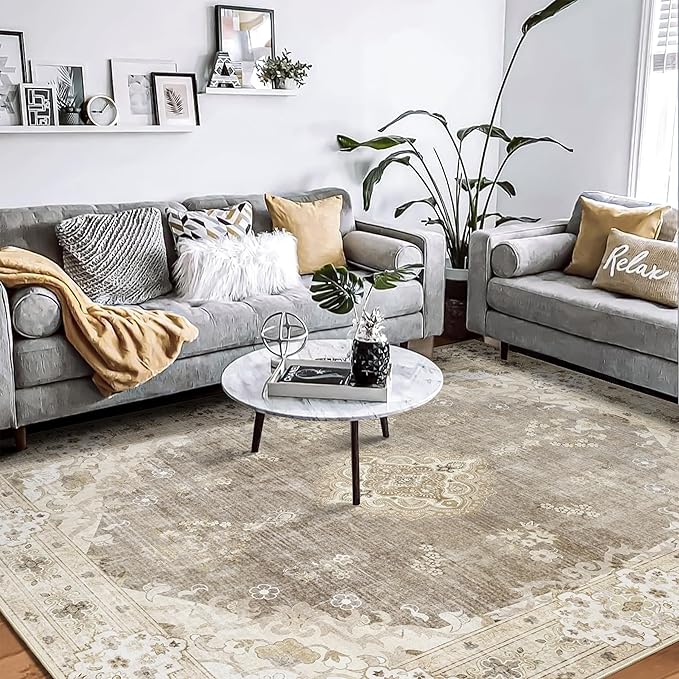 MUJOO Beige Washable Rug 8x10 Area Rugs Non Slip Low-Pile Floral Large | Machine Washable Throw Carpet for Living Room Bedroom Dining Room Boho Soft Floor Indoor Vintage Bohemian Flowers